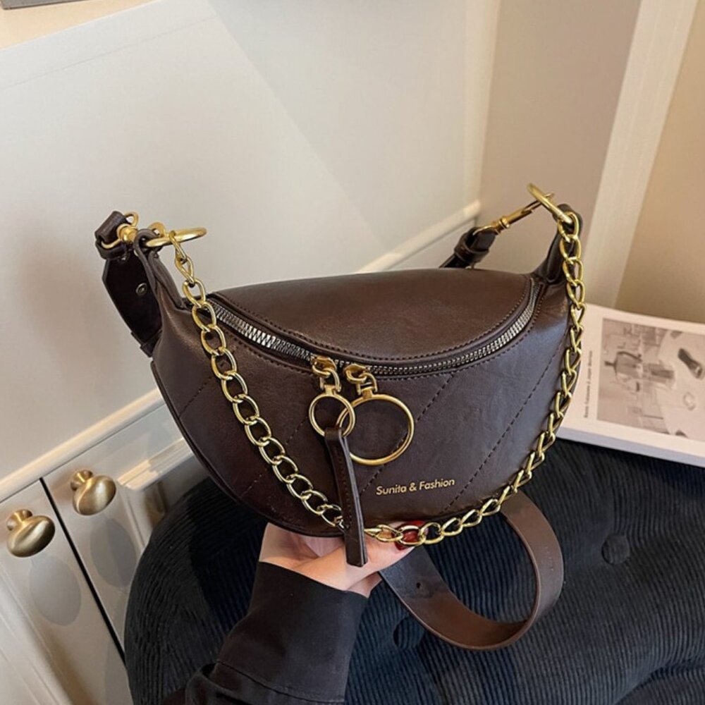 Brown Quilted Crescent Shoulder Bag